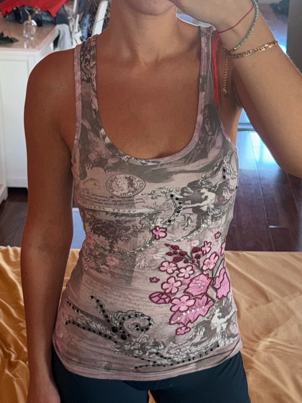 SPY Pink and Gray Floral Embellished Scoop Tank with gems